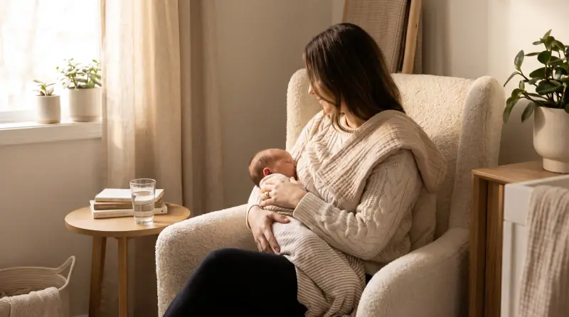 Pencere önündeki koltukta bebeğini emziren anne yandan görünüyor; omzunda müslin örtü, sehpada bir bardak su duruyor.