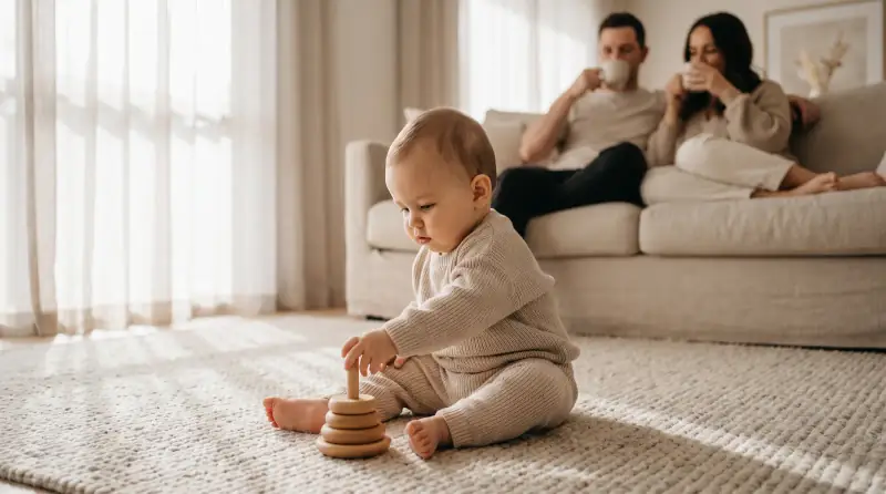 Temsili fotoğraf: 8 aylık bebek desteksiz oturur ve otururken dengesini korur.