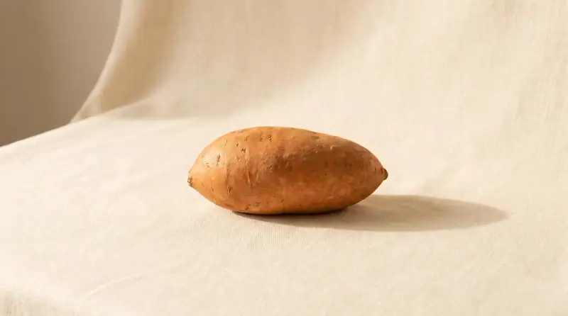 Sade krem fon önünde tatlı patates; bebeğin bu haftaki yaklaşık boyutu.