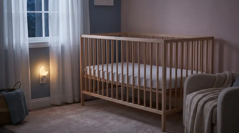 Gece lambasıyla aydınlanan bebek odasında ahşap bir karyola. Yatakta yalnız çarşaf var; yastık, yorgan ya da oyuncak yok.