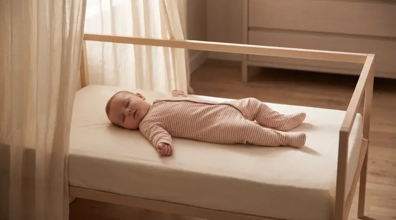 Kendi karyolasında sırtüstü uyuyan bebek. Yatakta yalnız çarşaf var; yastık, yorgan ya da oyuncak yok.
